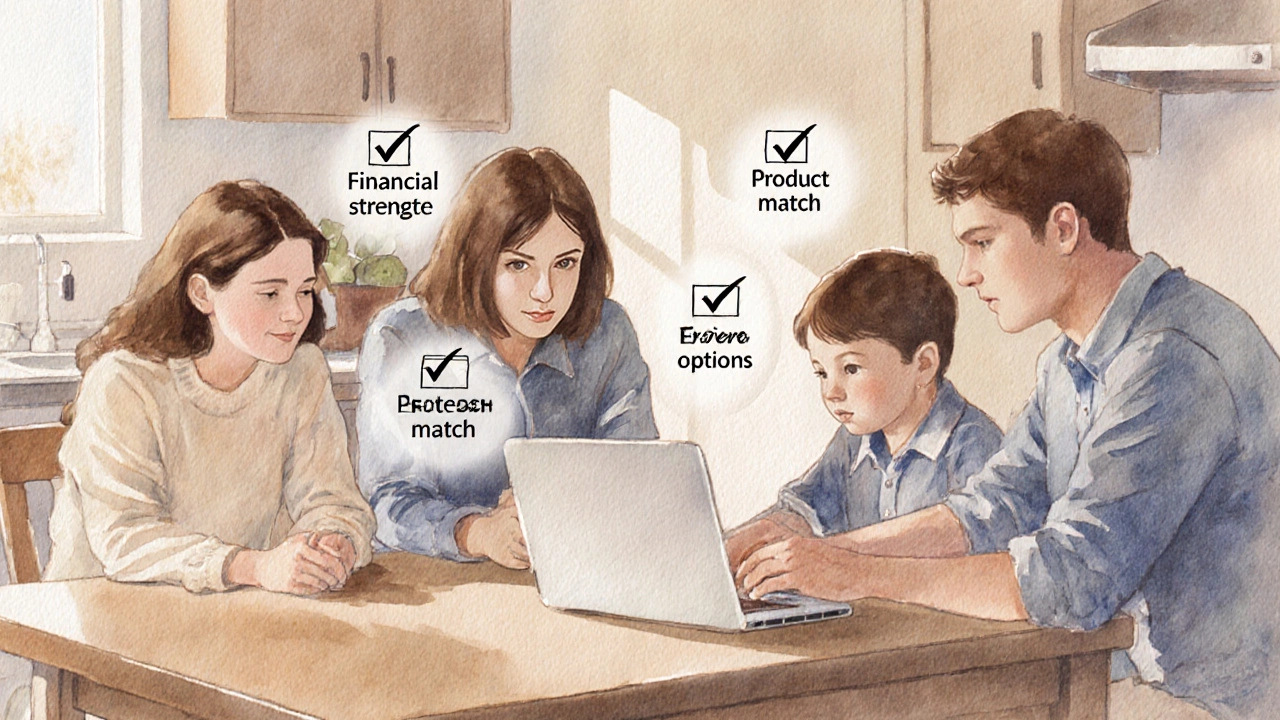 A family reviews insurance options at a kitchen table, surrounded by subtle checkmarks and a laptop screen.