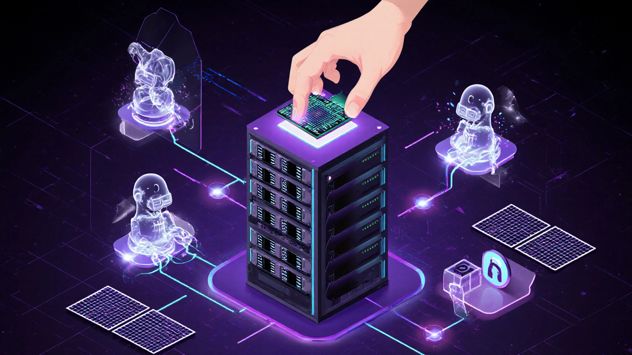 A hand placing a GPU into a server rack surrounded by floating AI agents and energy streams.