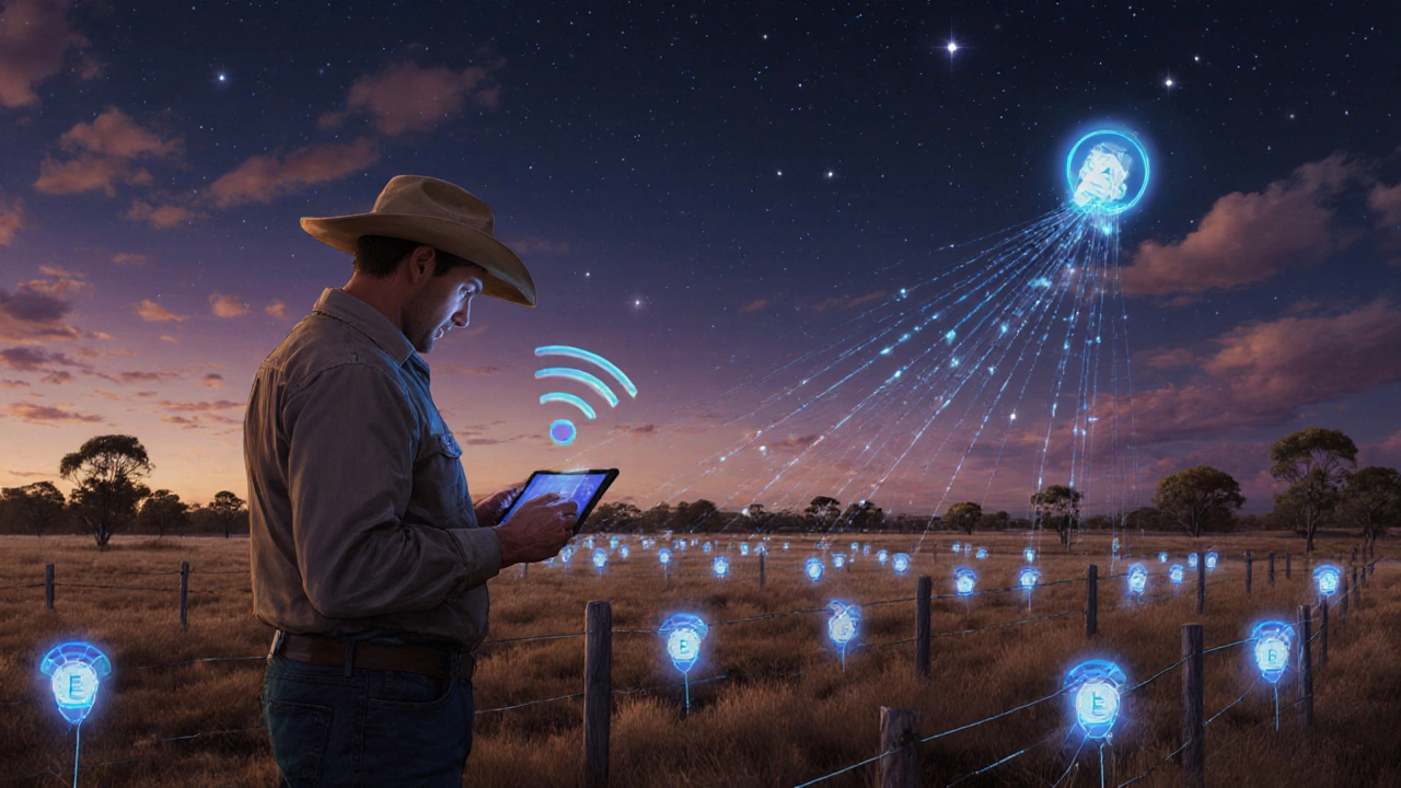 A rural Australian farm at dusk with Wi-Fi hotspots glowing along fences, connected to a blockchain node.