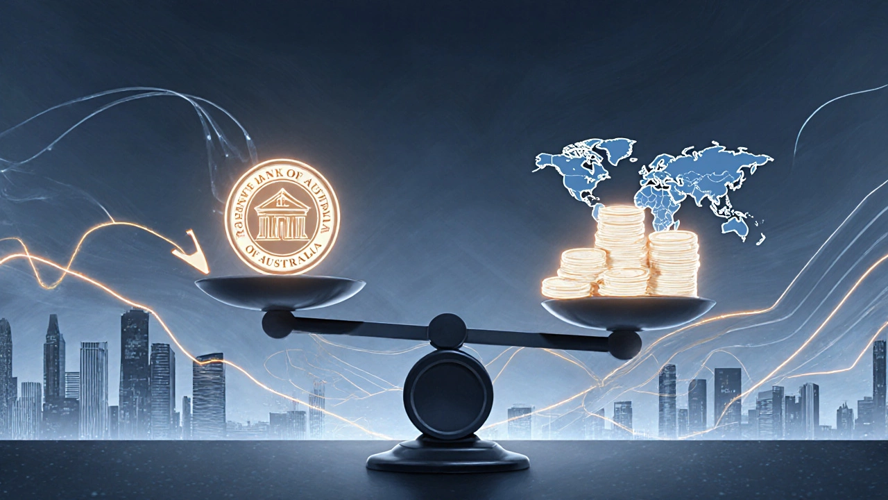 Abstract balance scale showing RBA symbol on one side and bond certificates with a world map on the other.