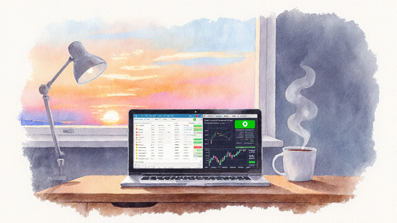 Calm workspace with laptop, coffee, sunrise and limit‑order button.