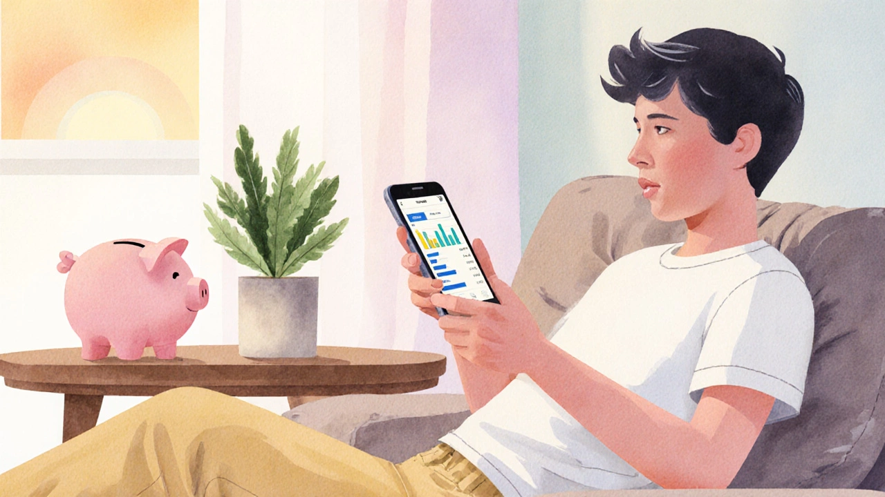 Casual person on couch checking a budgeting app on phone beside a piggy bank.
