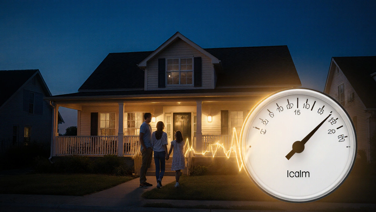 Couple with children standing by their home, surrounded by a steady‑payment aura symbolizing fixed premiums.