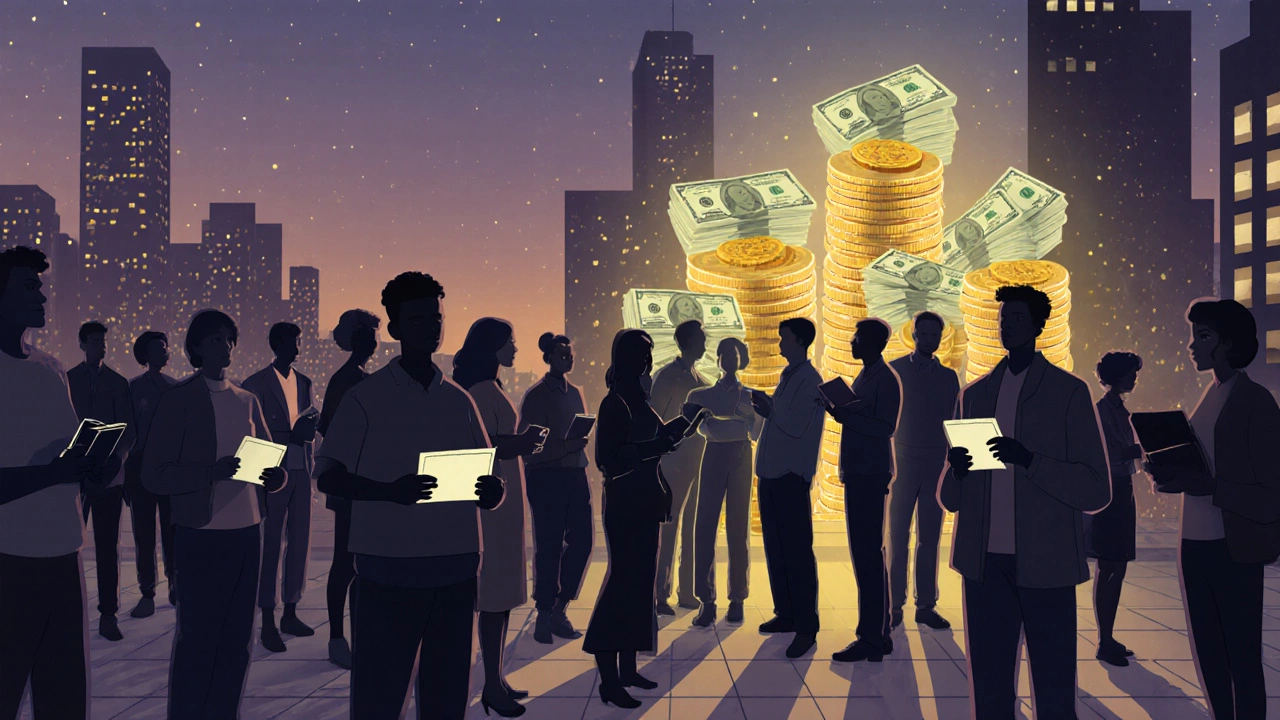 Crowd of people on a sidewalk, few tall figures holding large stacks of money.