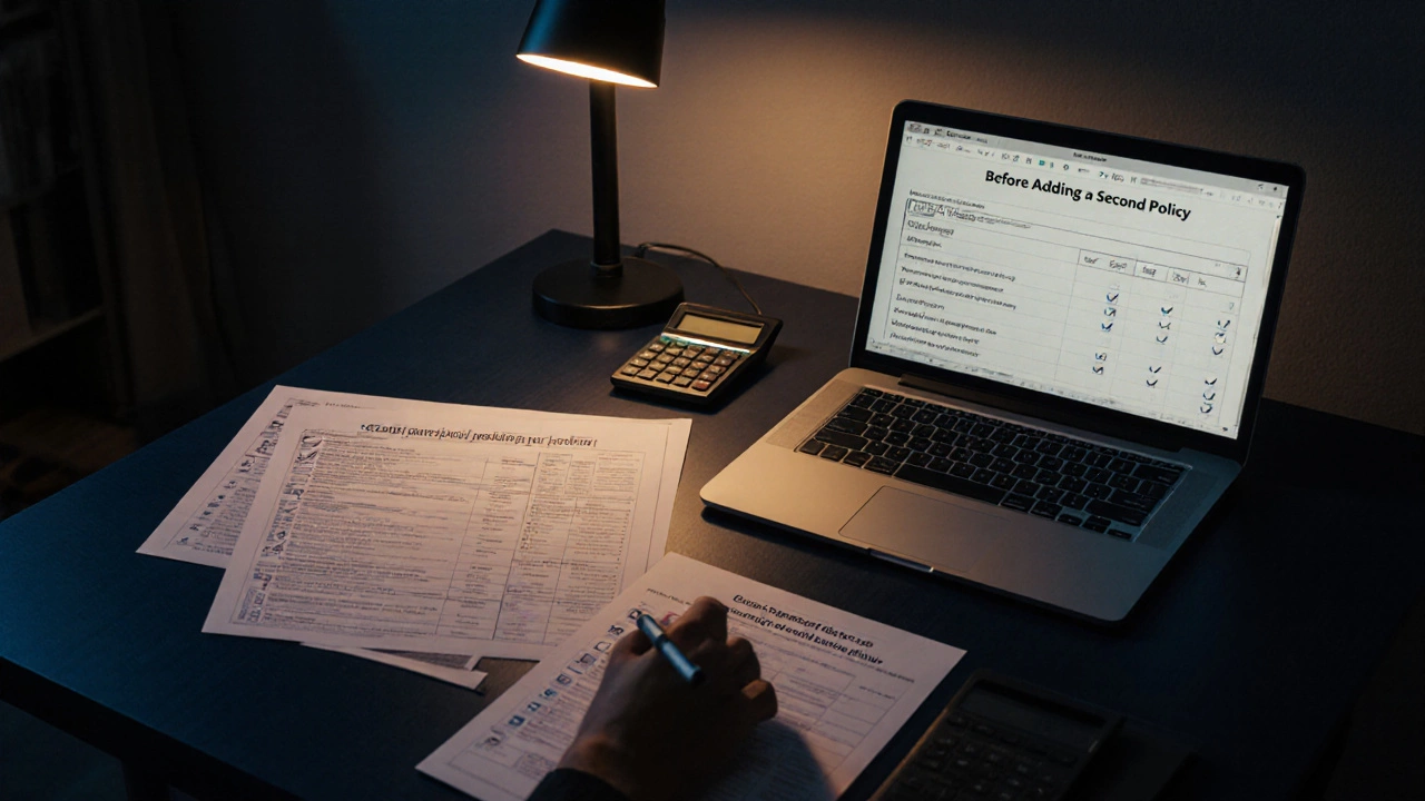 Desk with policy certificates, laptop spreadsheet, calculator, and a checklist being marked.