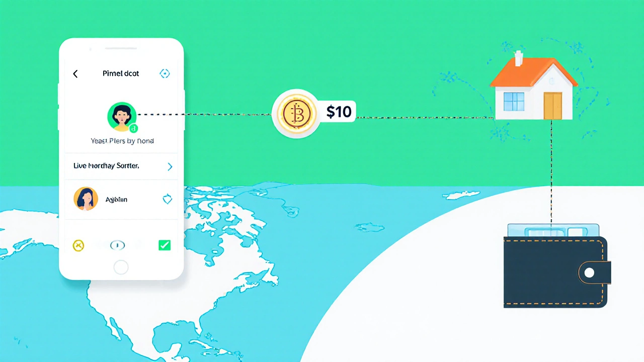 Flat‑design scene of a stablecoin transfer from a phone to a friend overseas.