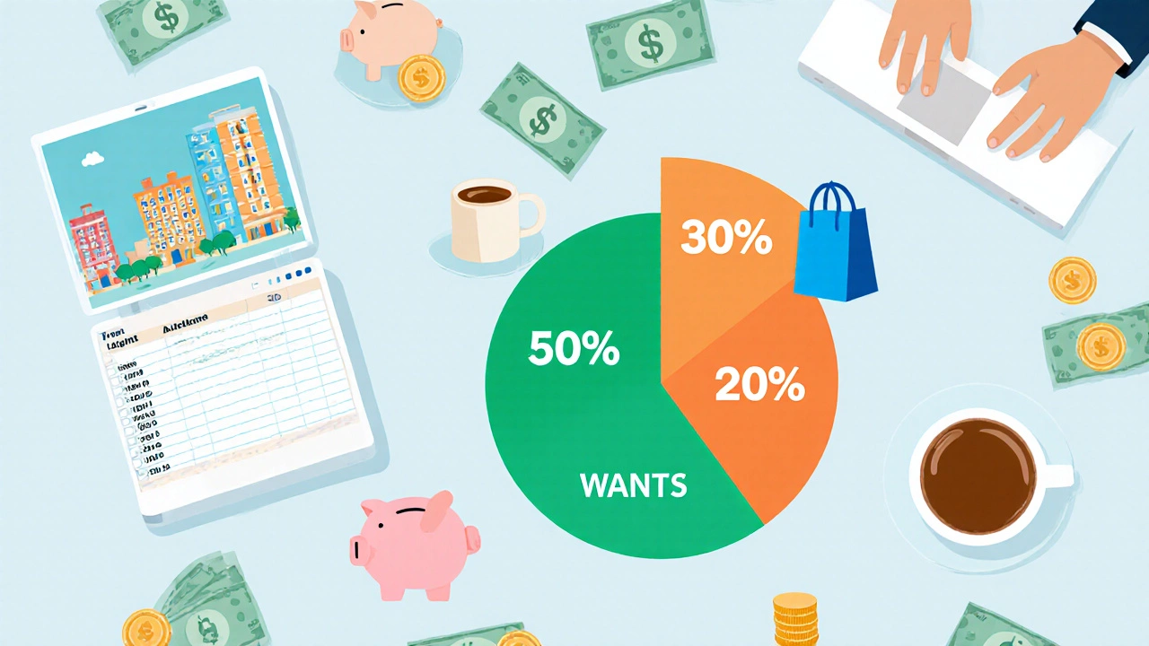 Flat illustration of 50/30/20 budgeting pie with icons for needs, wants, savings.