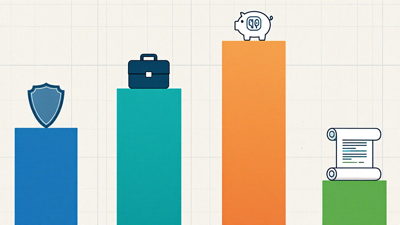 Four colorful columns showing pension, savings, annuity, and state benefits icons.