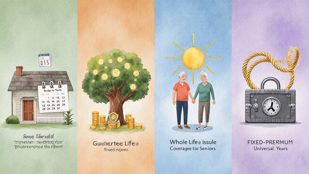 Four illustrated scenes representing level term, whole life, guaranteed‑issue, and fixed‑premium universal policies.