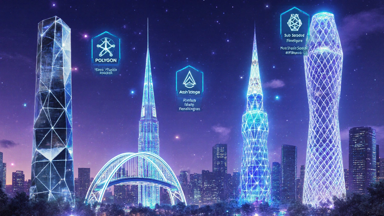 Futuristic city towers symbolizing five leading layer‑2 and blockchain projects.