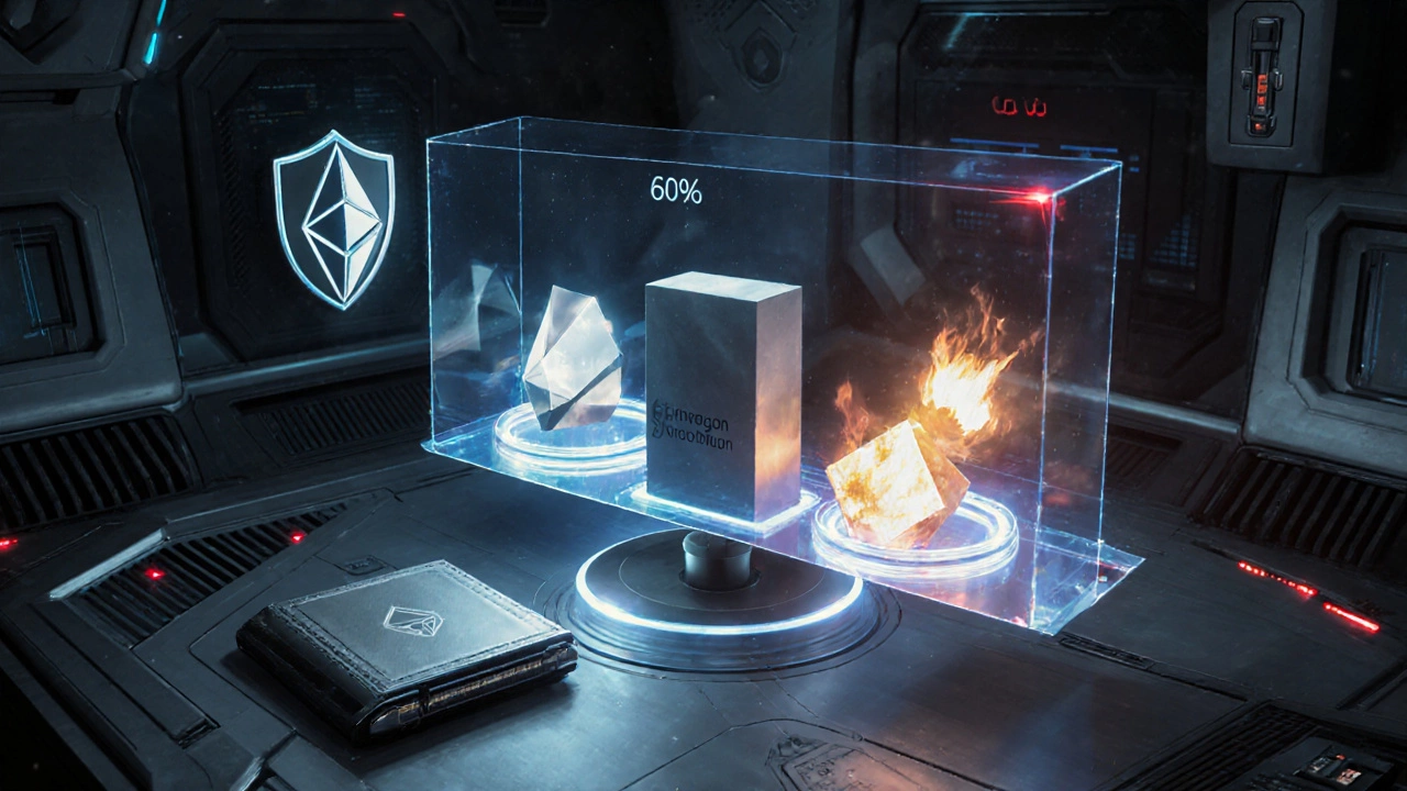 Holographic portfolio balance showing core, growth, and speculative crypto assets.