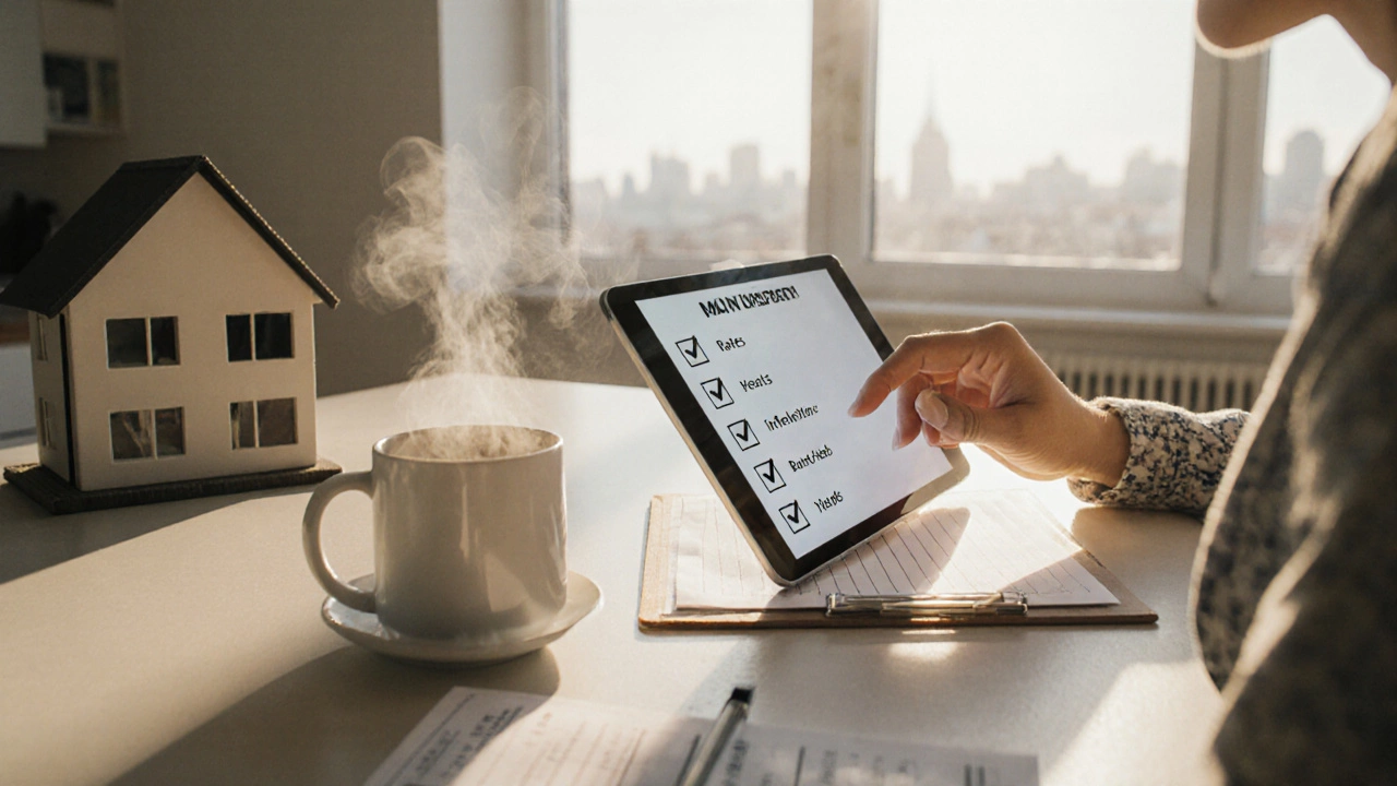 Homeowner at a kitchen table reviewing a checklist with a house model, tablet, and clipboard.