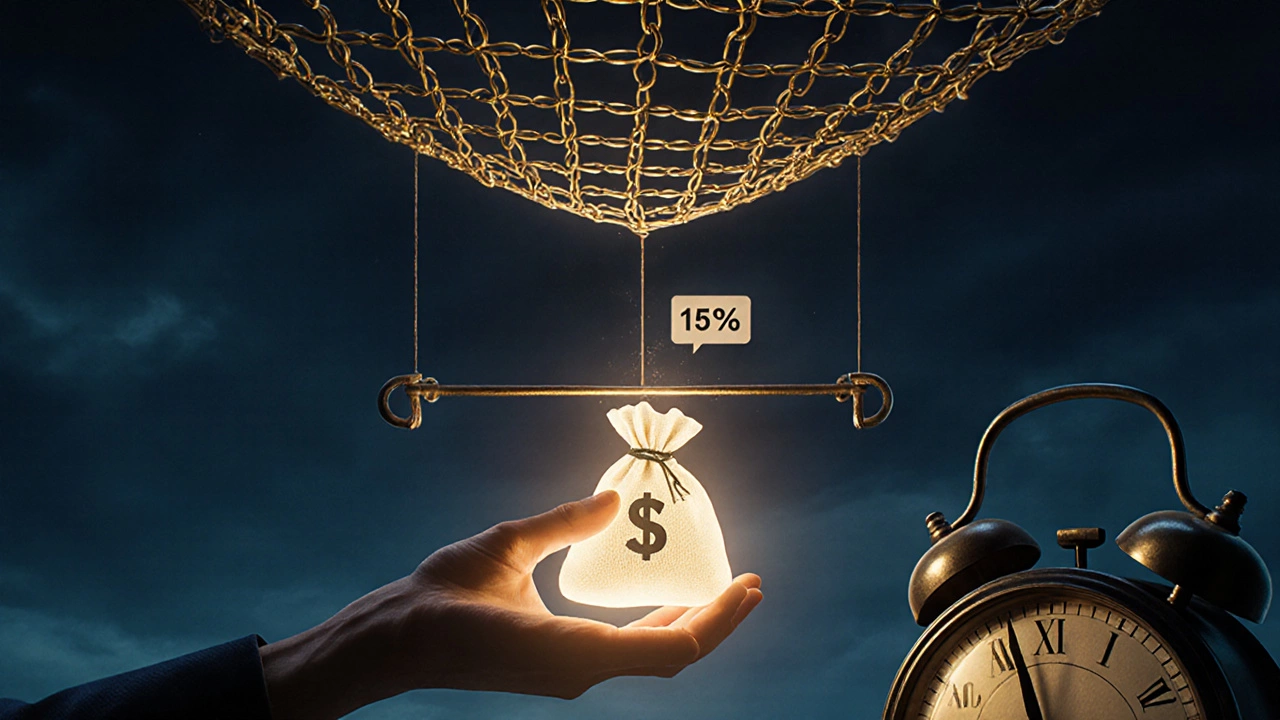 Illustration of a rigid golden net blocking a hand reaching for a money sack.