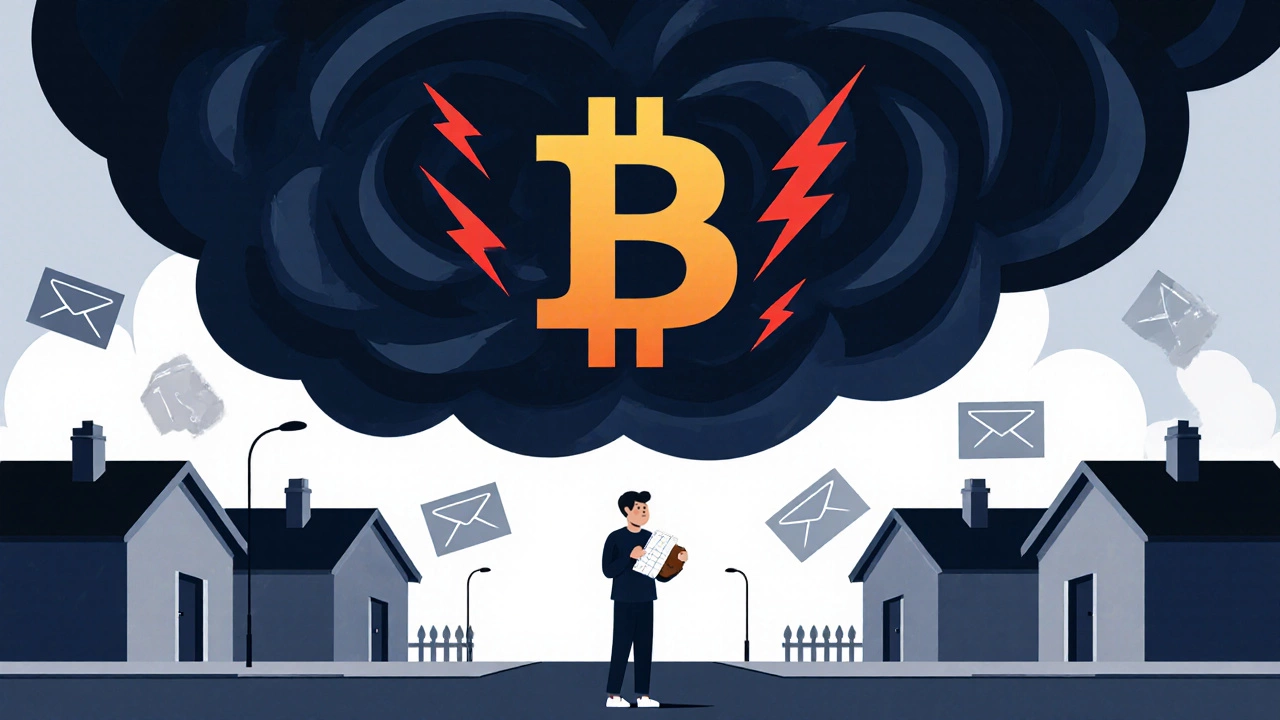 Illustration of a stormy crypto market looming over a low‑income neighborhood.