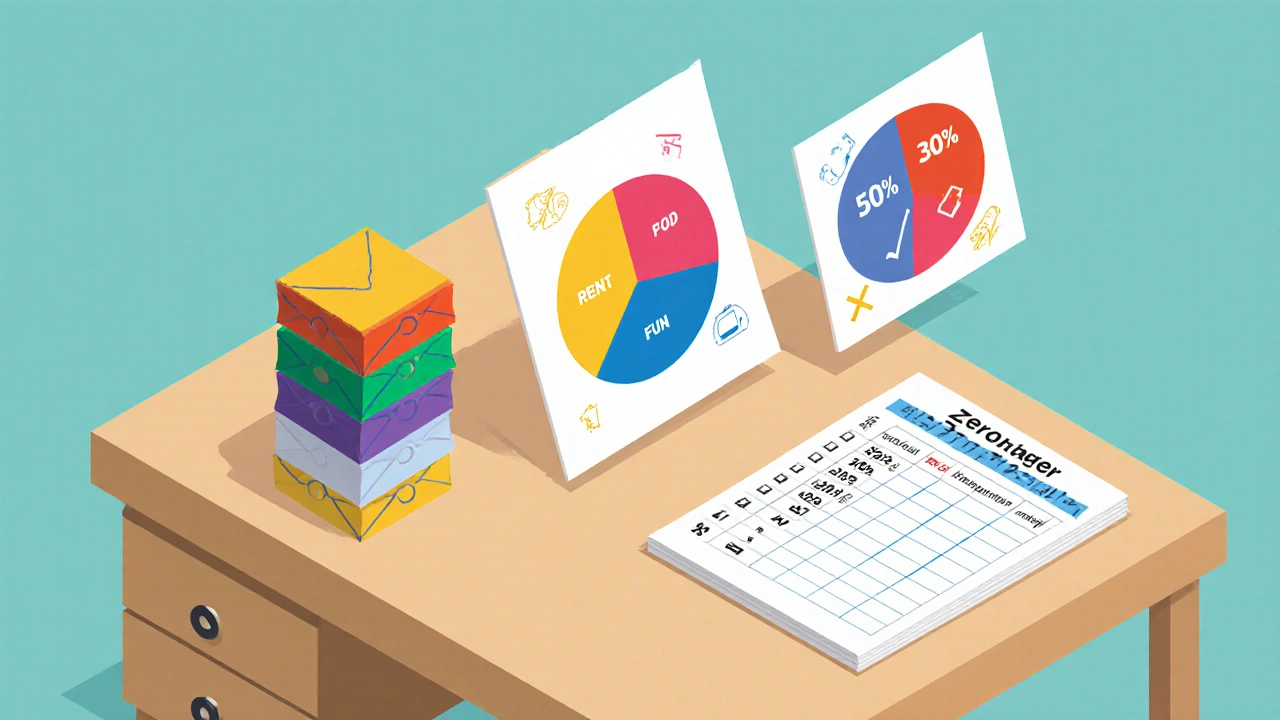 Isometric desk showing colorful envelopes, a pie chart, and a ledger representing budgeting methods.