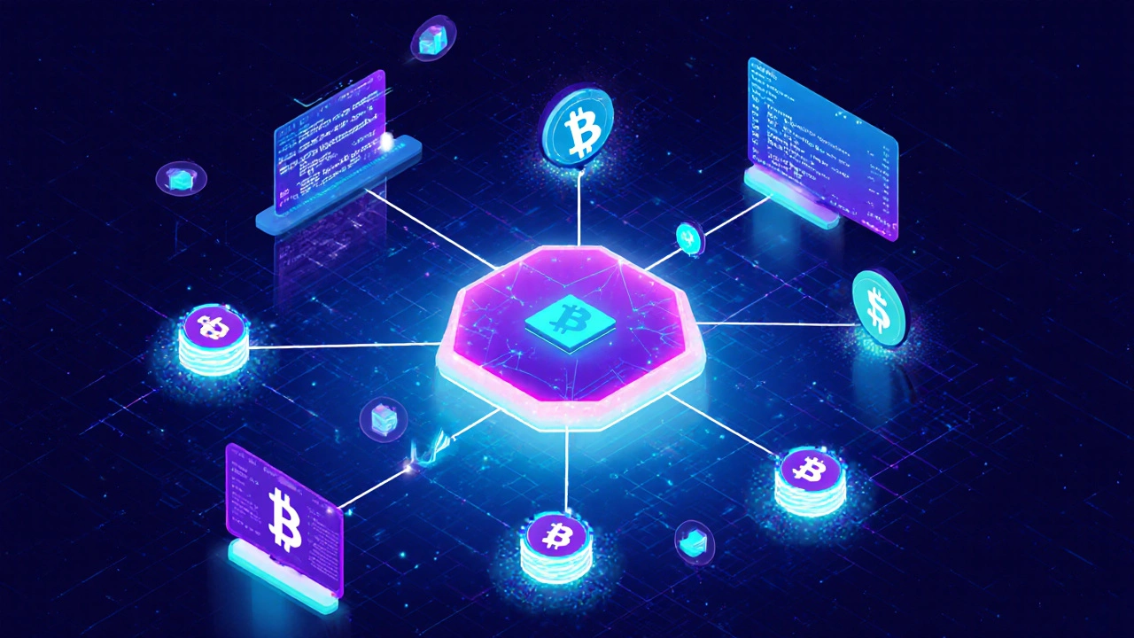 Isometric neon illustration of interconnected blockchain nodes and data flows.