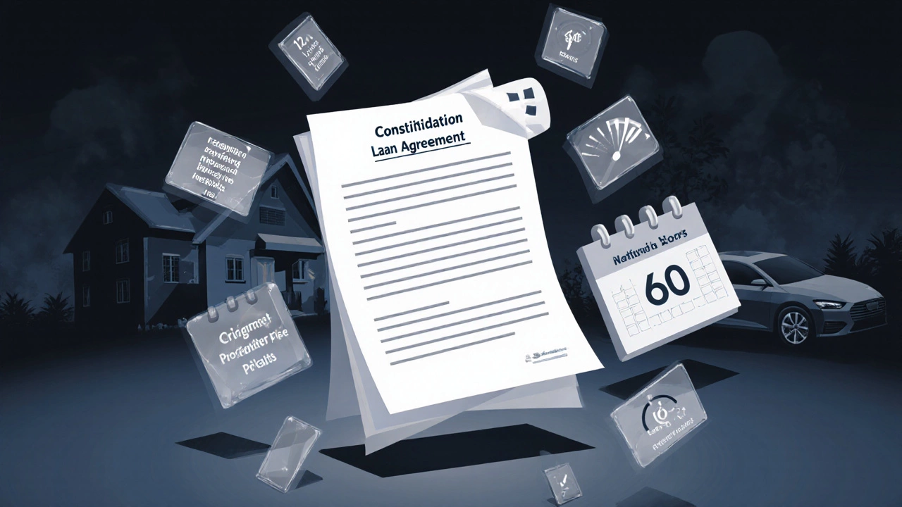 Loan documents with hidden fees, dropping credit score gauge, and long repayment timeline.