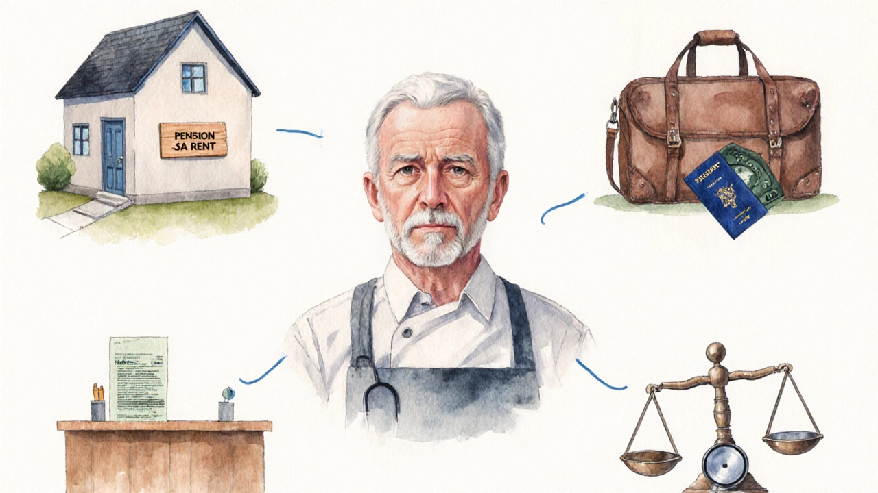 Montage of risks: rental house, part‑time job, suitcase, asset scale, and medical bill around a concerned senior.