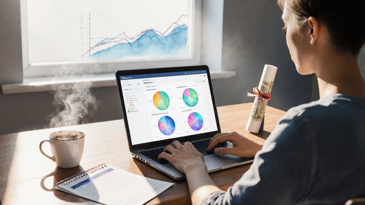Person compares a CD certificate to a high‑yield savings account on a laptop, with a calendar and coffee.