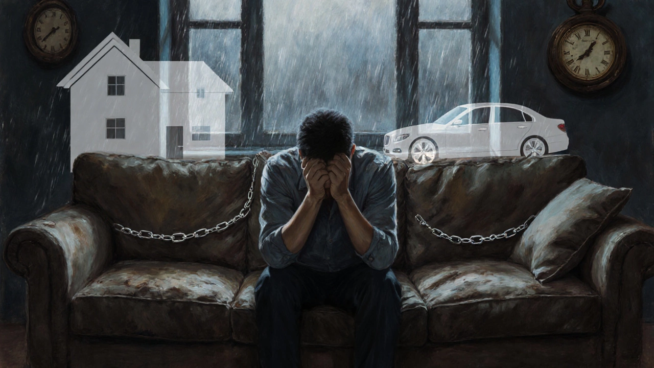 Person overwhelmed by debt, with looming house and car symbols indicating asset loss and stress.