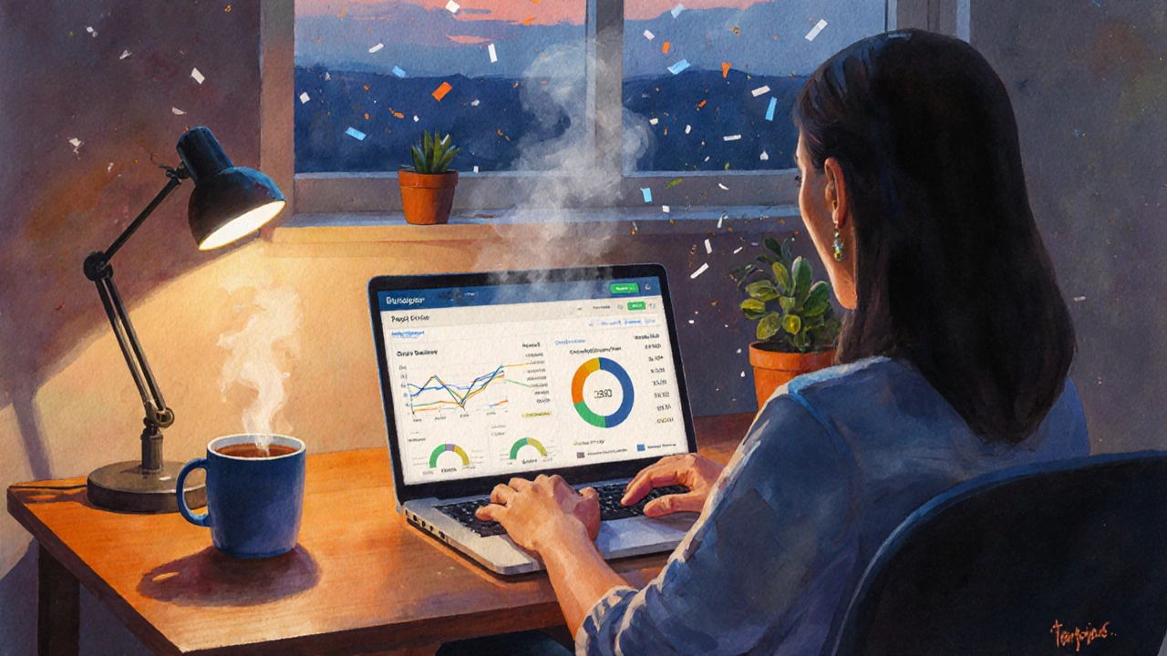 Person reviewing budget on laptop in a warm, cozy home office.