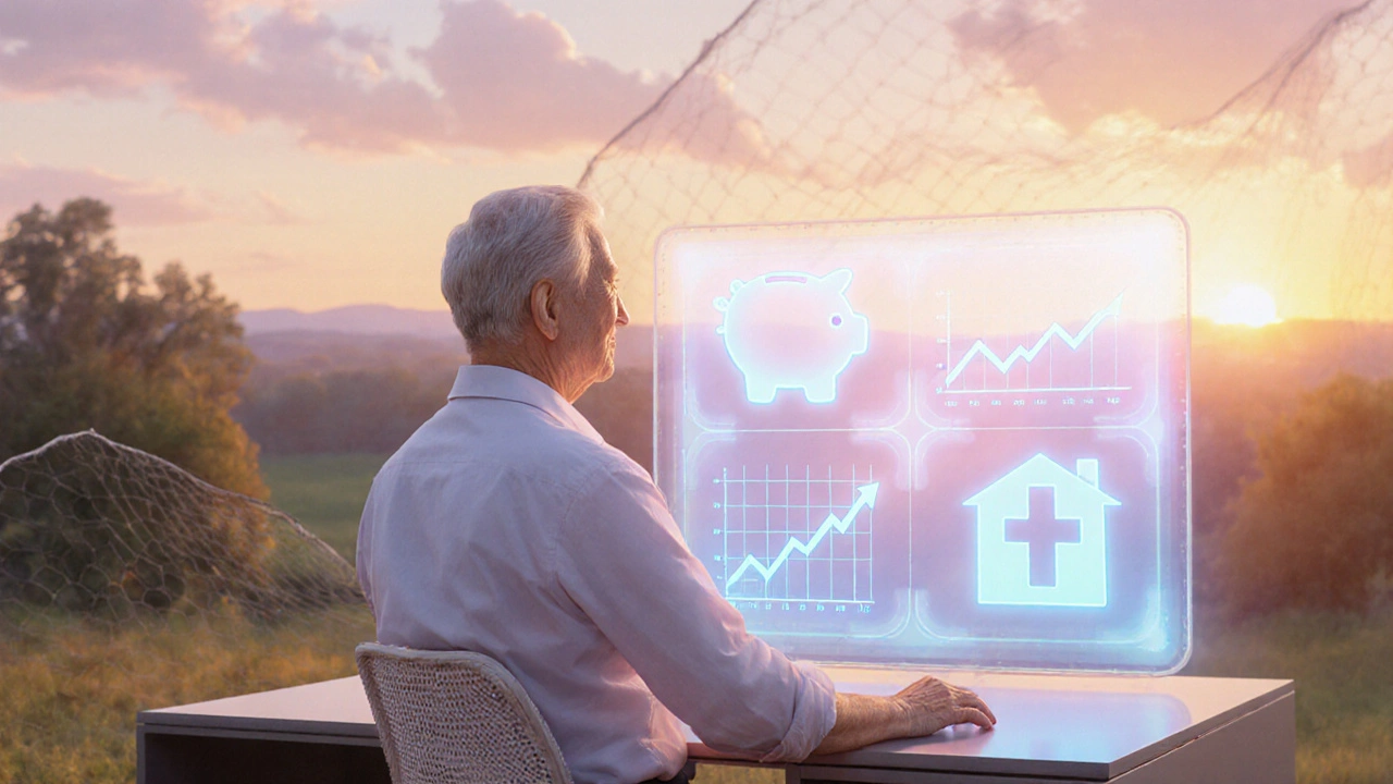 Person viewing a holographic portfolio board with diverse retirement assets.
