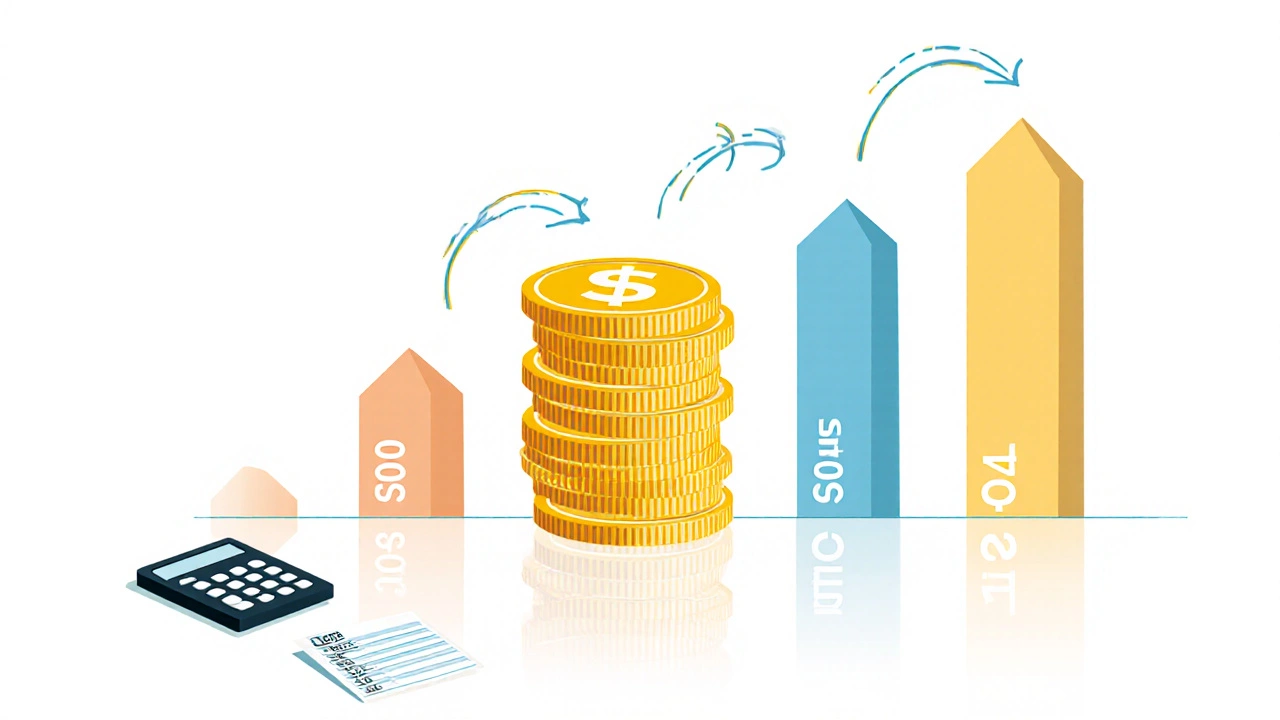 Quarterly growth of a ,000 term deposit shown with rising arrows and coins.