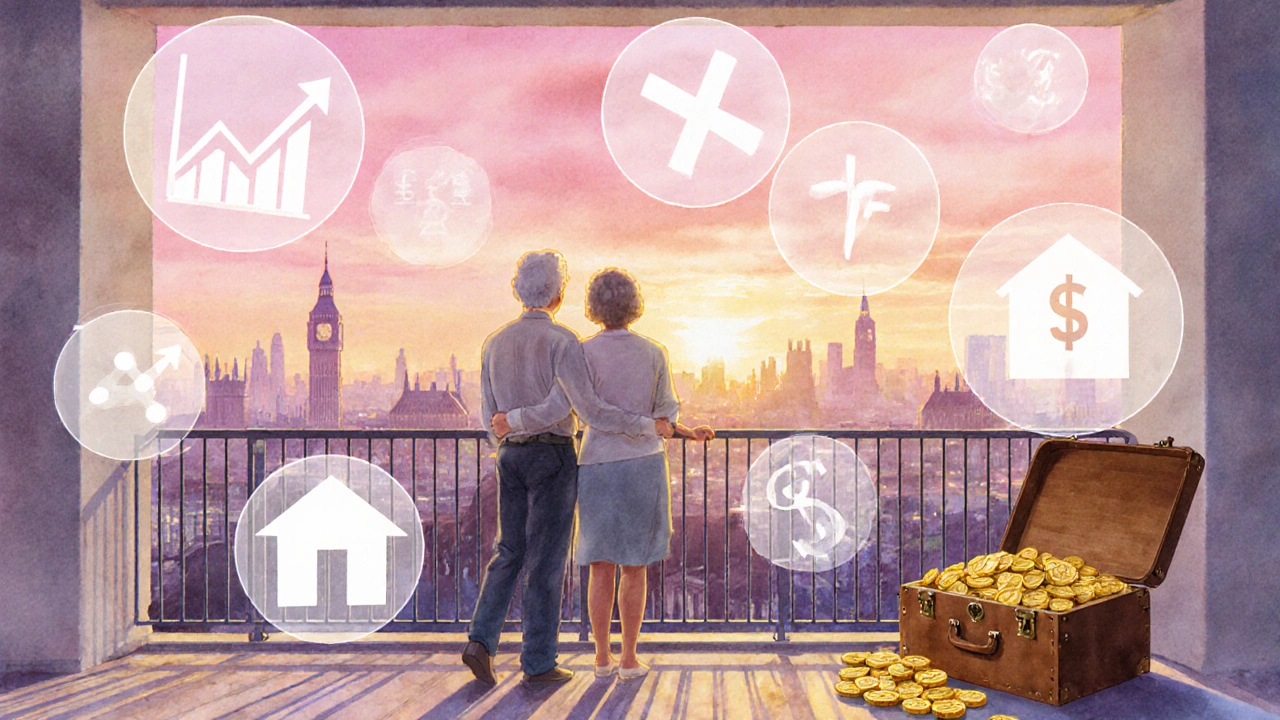 Retired couple on a balcony at sunset with floating financial symbols.