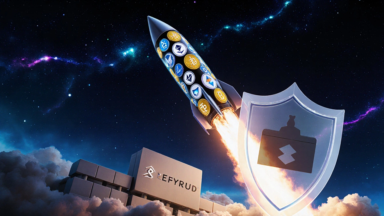 Rocket launching from a blockchain platform with coin symbols as flames.