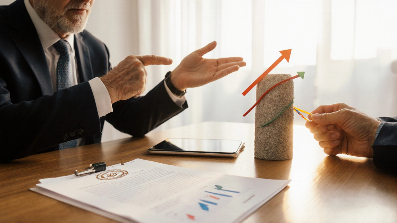 Senior and financial adviser discuss annuity and flexible pension with contract, tablet graph, and stone pillar.