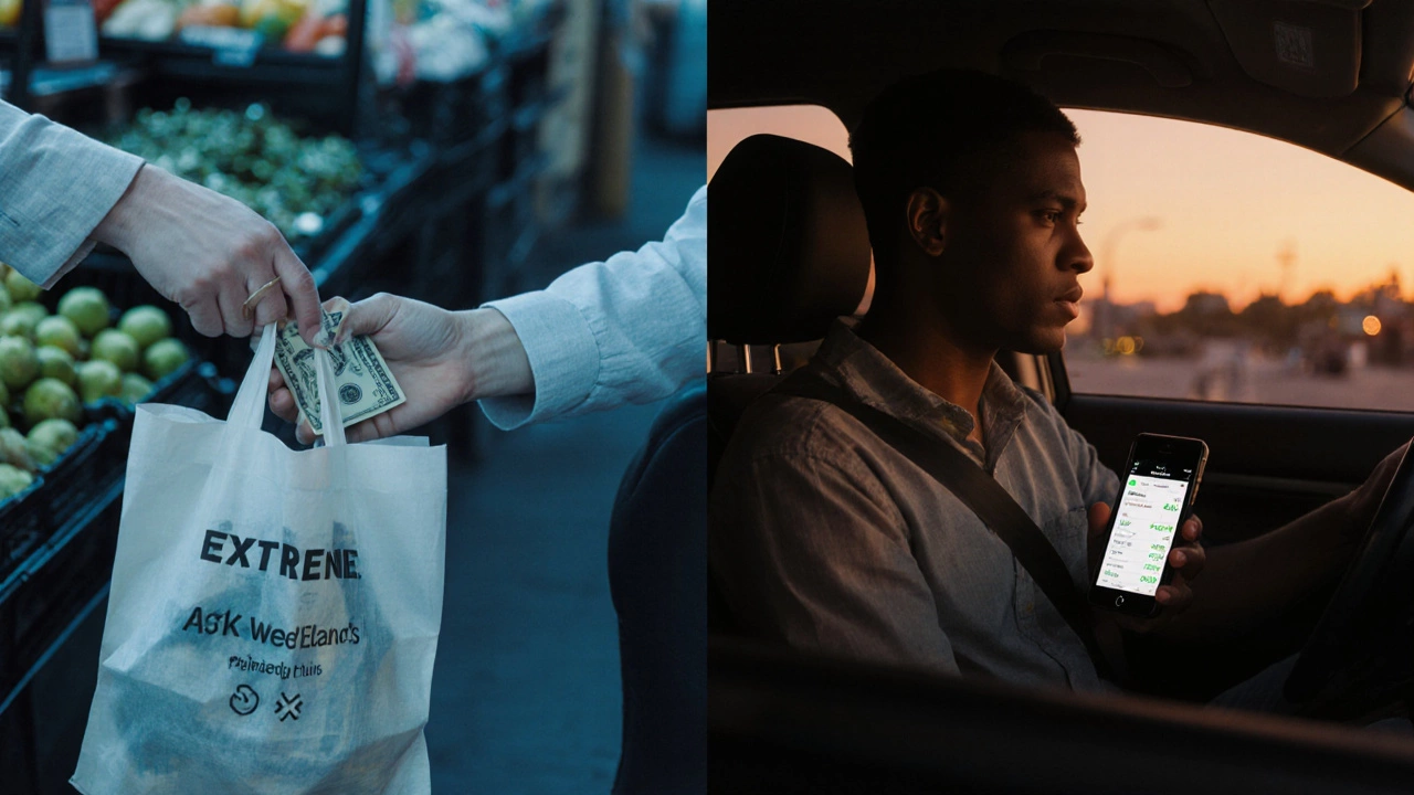 Split scene of someone paying with cash and driving for a ride-share service during evening hours.