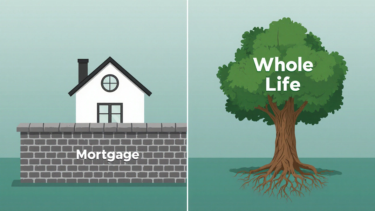 Term life brick wall protecting a house beside a whole life oak tree growing cash value.