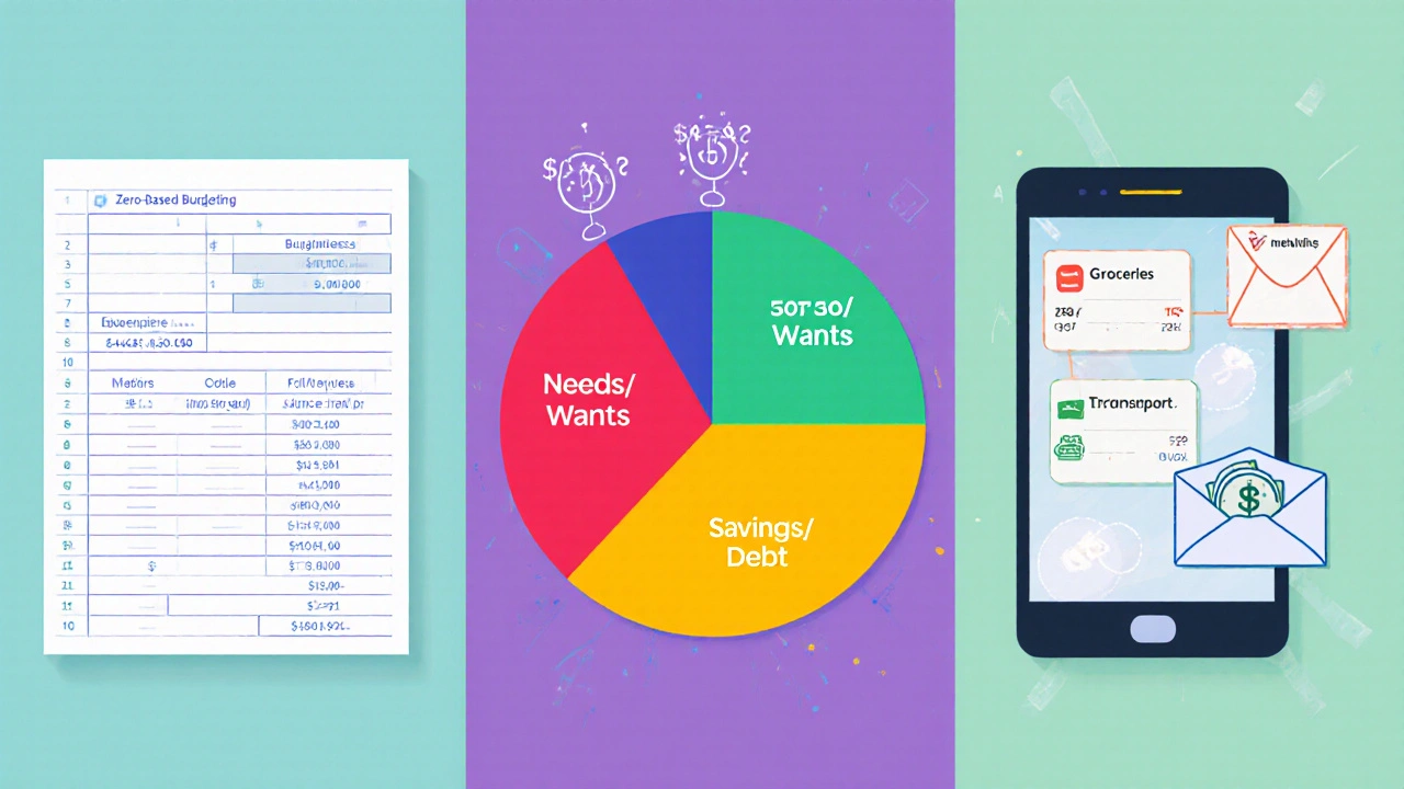 Three budgeting methods shown as ledger, pie chart, and envelope icons.