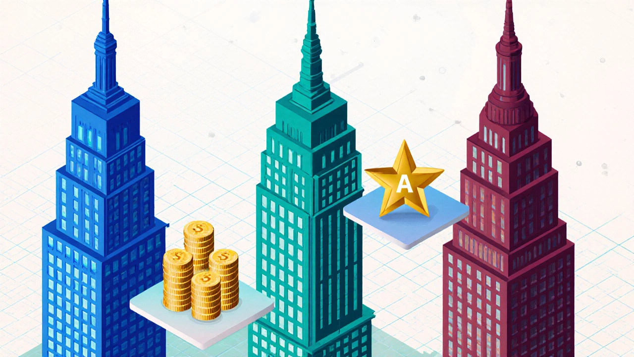 Three distinct skyscrapers symbolize leading life insurers, each surrounded by icons for premiums, assets, and ratings.