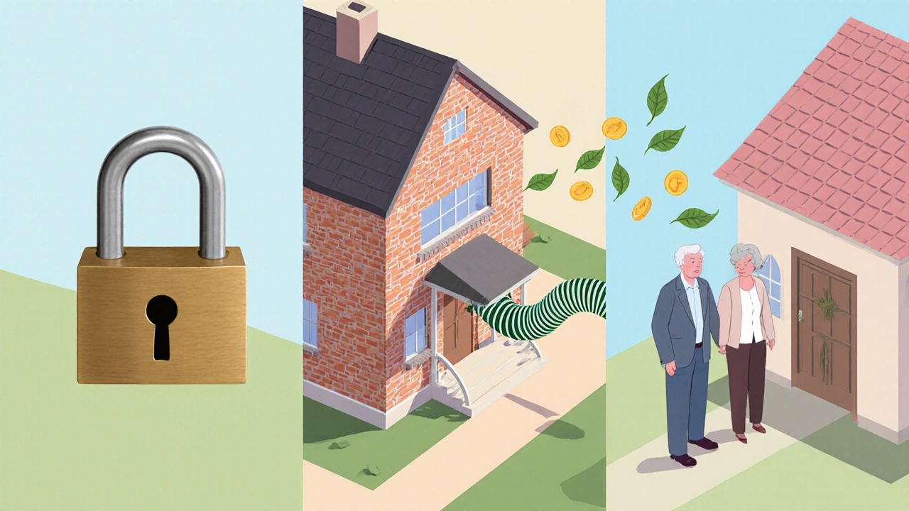 Three panels illustrating home equity loan, HELOC, and reverse mortgage concepts.