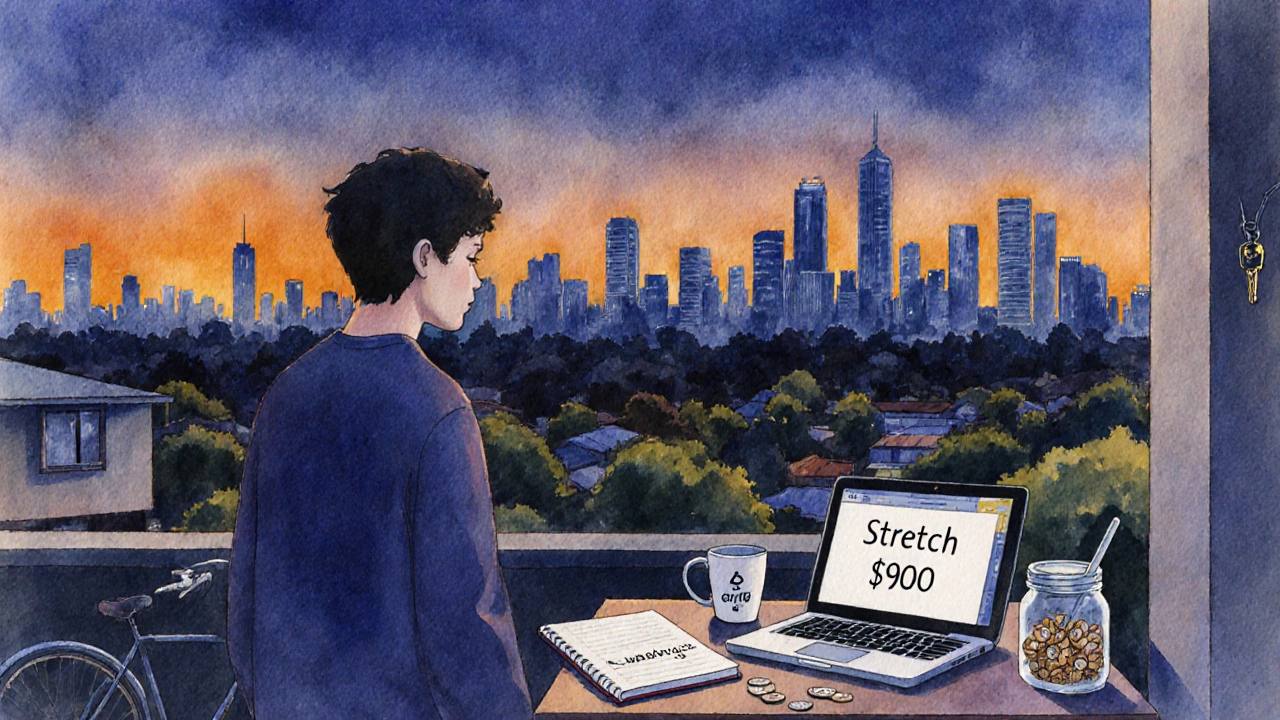 Watercolor of person on Brisbane balcony planning side‑gigs and saving.