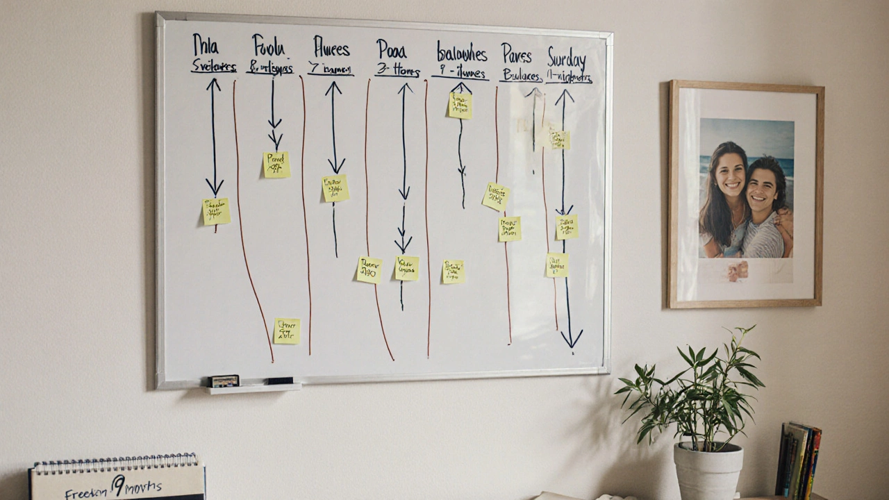 Whiteboard tracking debt repayment progress with sticky notes and a photo of a vacation in the background.