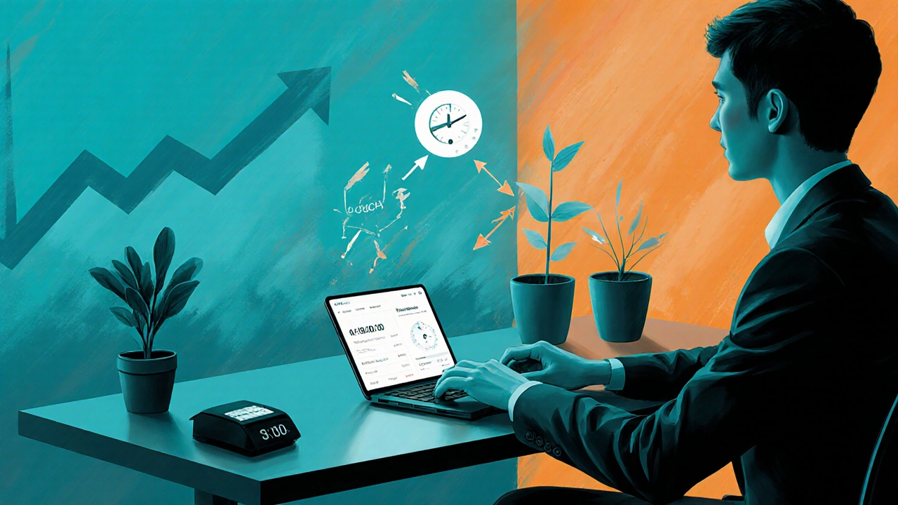 Young professional at desk with phone, growing plant, and glowing transfer arrows.