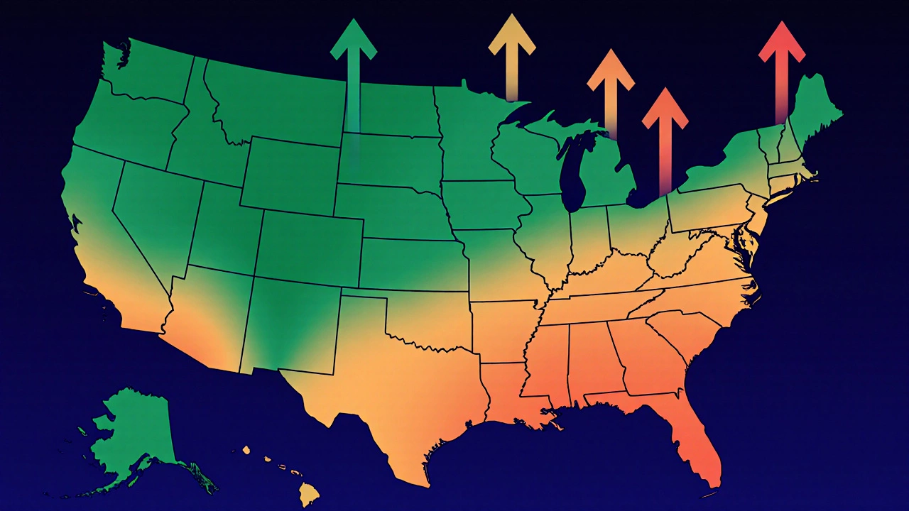 A color-gradient map of the US showing regional credit score differences without text or labels.