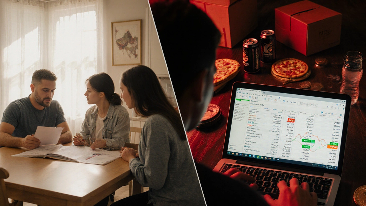 A family reviewing stable investments beside someone staring at a crypto loss on their laptop.
