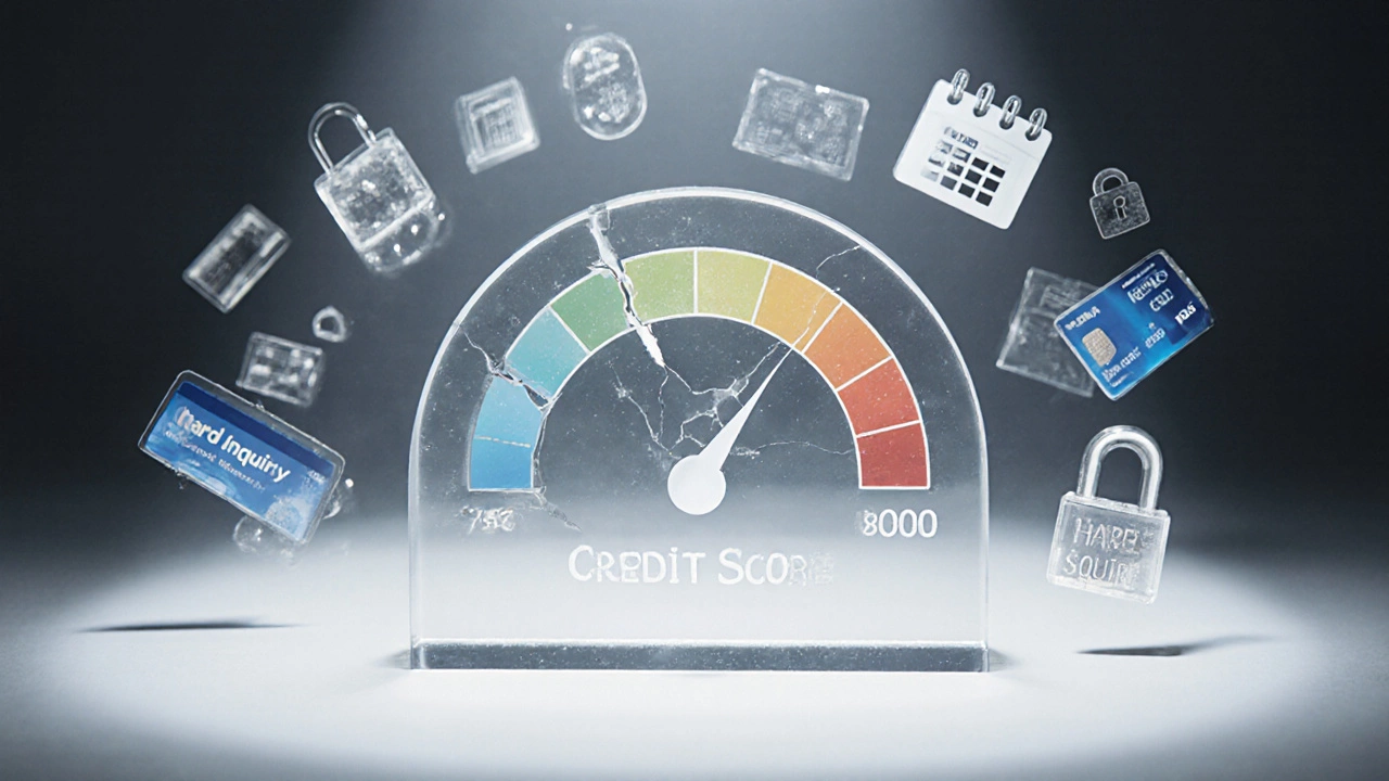 A fragile glass credit meter rising from 750 to 800, surrounded by floating financial icons under a single light beam.