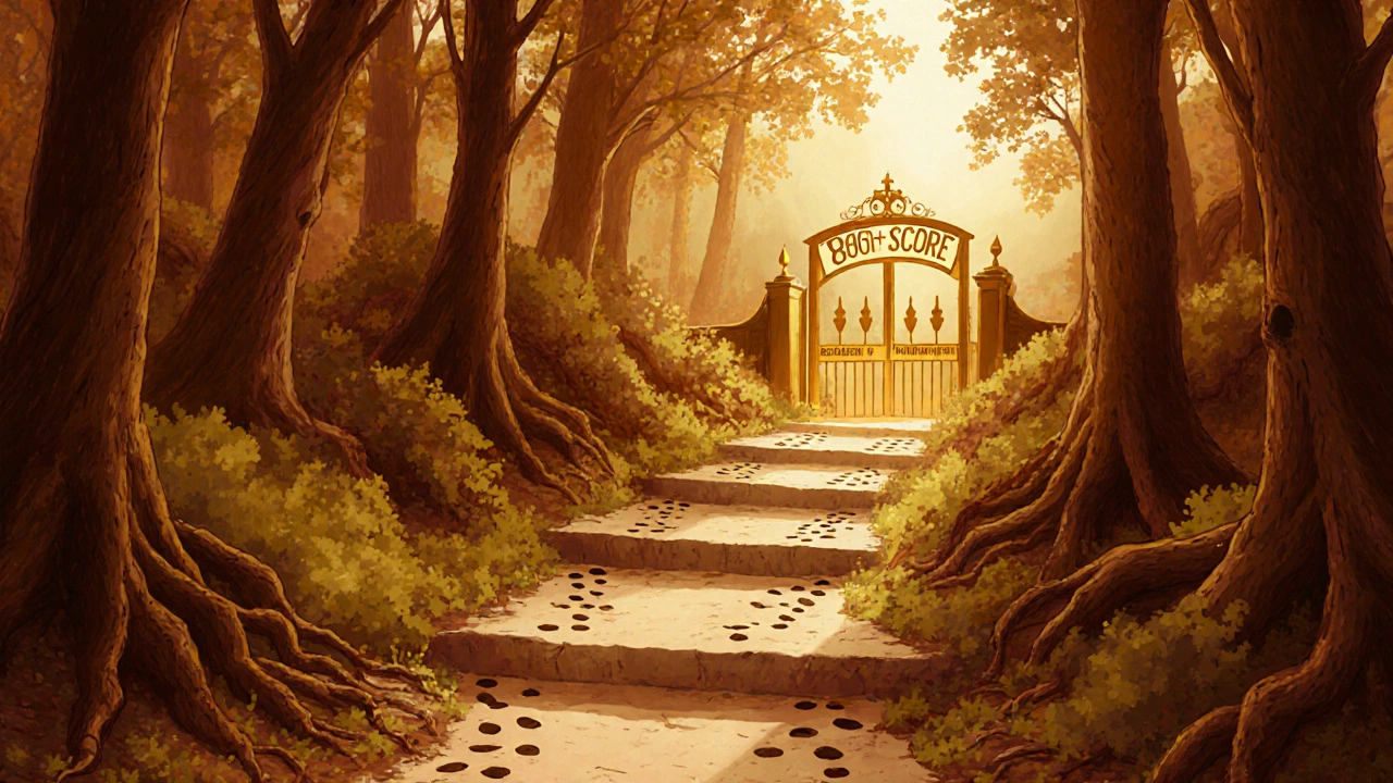 A symbolic forest path leading to a golden gate marked &#039;800+ Score&#039;, representing responsible credit habits over time.