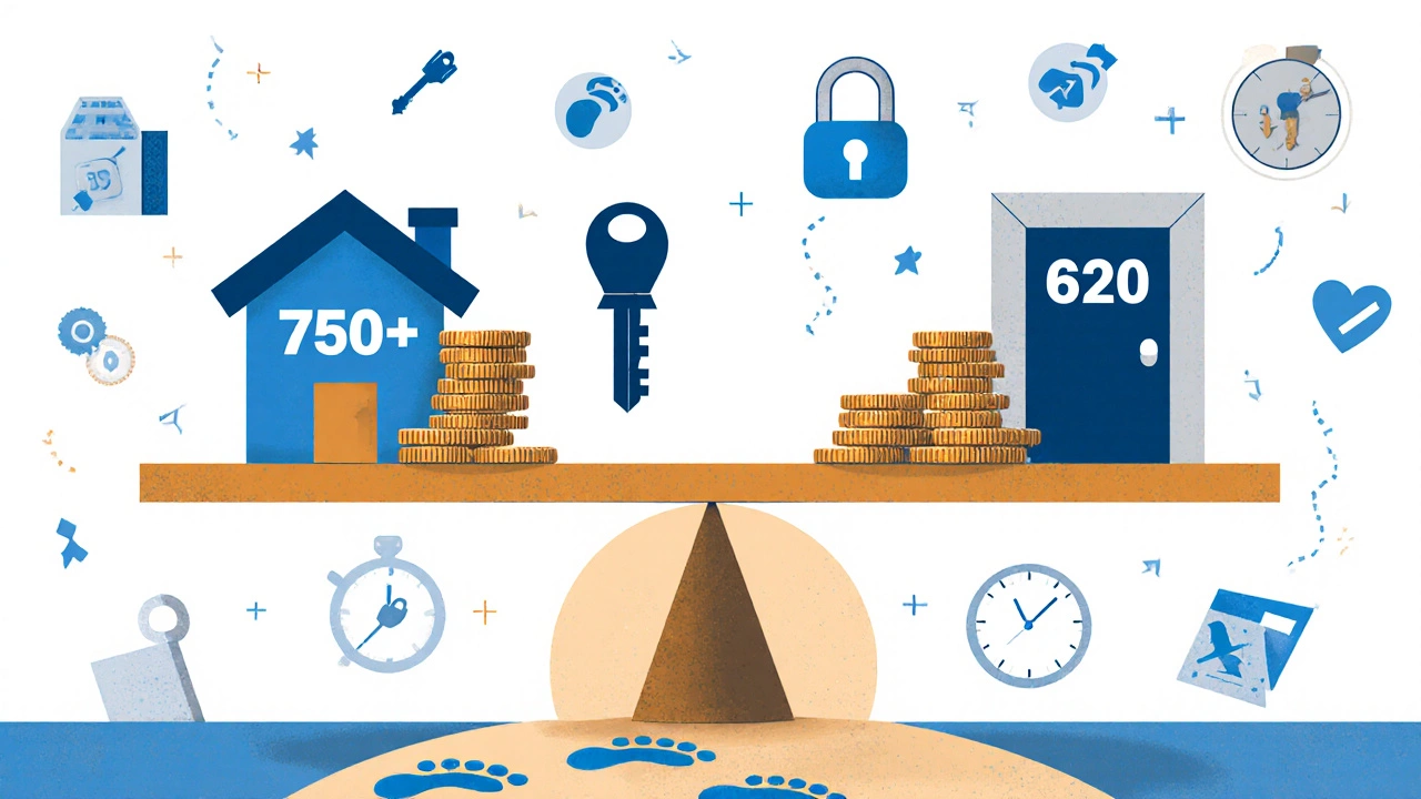A symbolic scale comparing high and low credit scores, with financial icons and a path of progress.