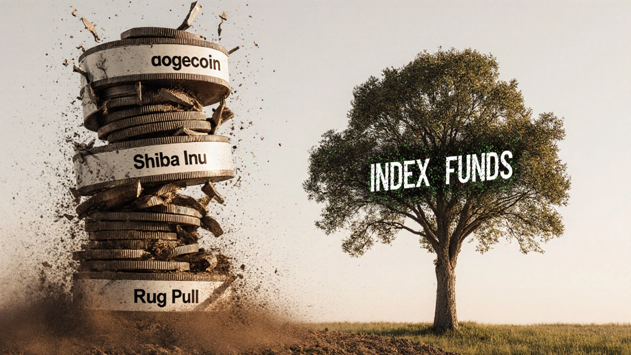 A tower of crypto tokens collapsing while a sturdy tree labeled &#039;Index Funds&#039; grows nearby.