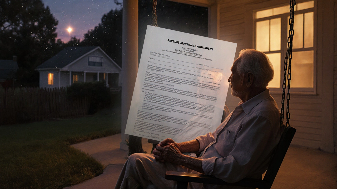 Elderly couple on porch at dusk, with reverse mortgage agreement floating behind them.