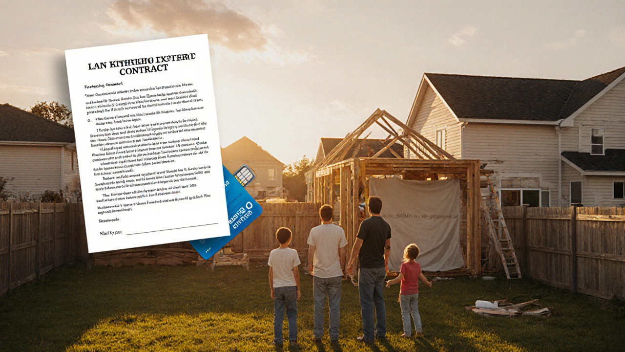 Family watching kitchen renovation begin, with subtle equity financing icons in the sky.