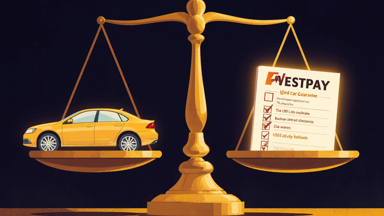 Financial scale balancing a used car against loan features like FlexiPay and guarantees.