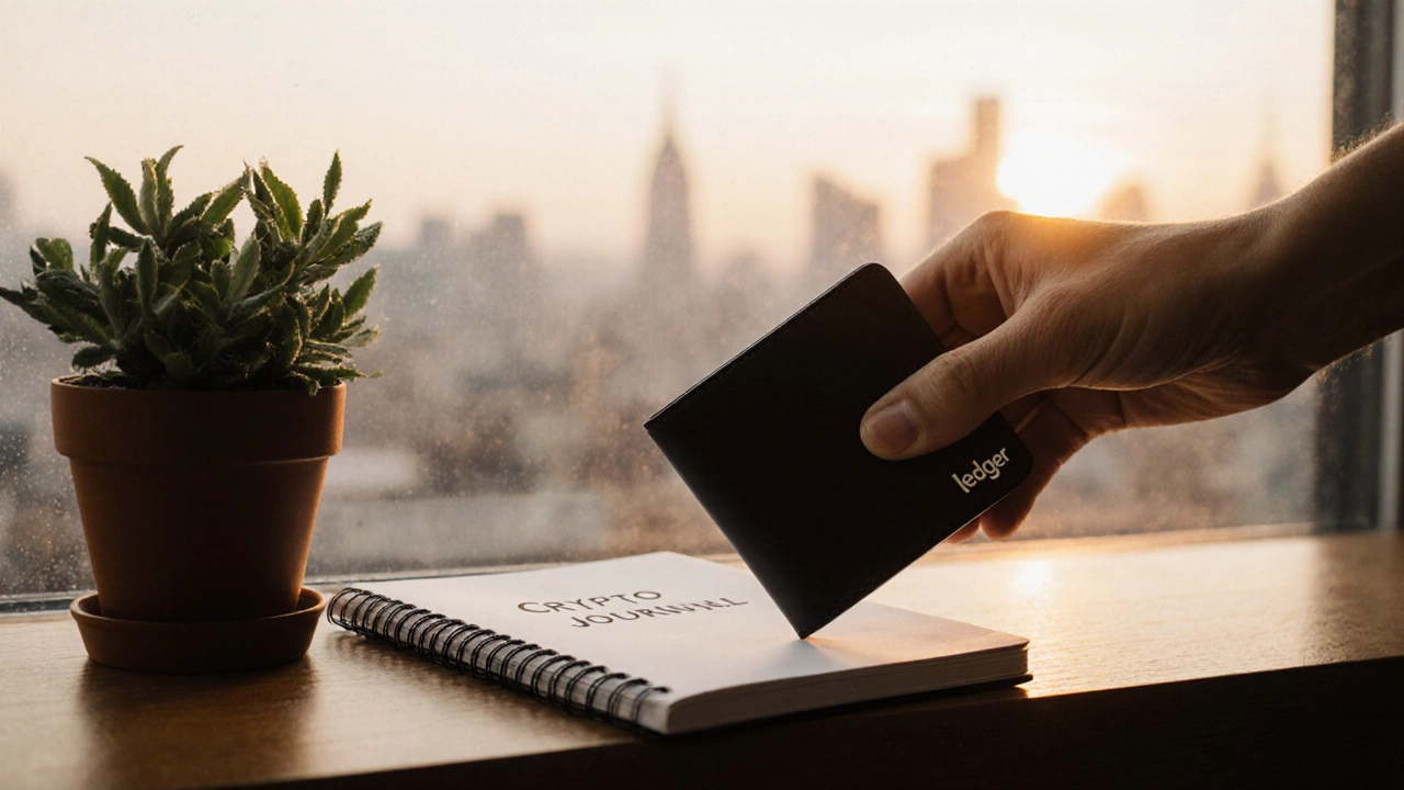 Hand placing hardware wallet on shelf next to plant and journal, golden hour lighting, symbolizing secure long-term crypto growth.