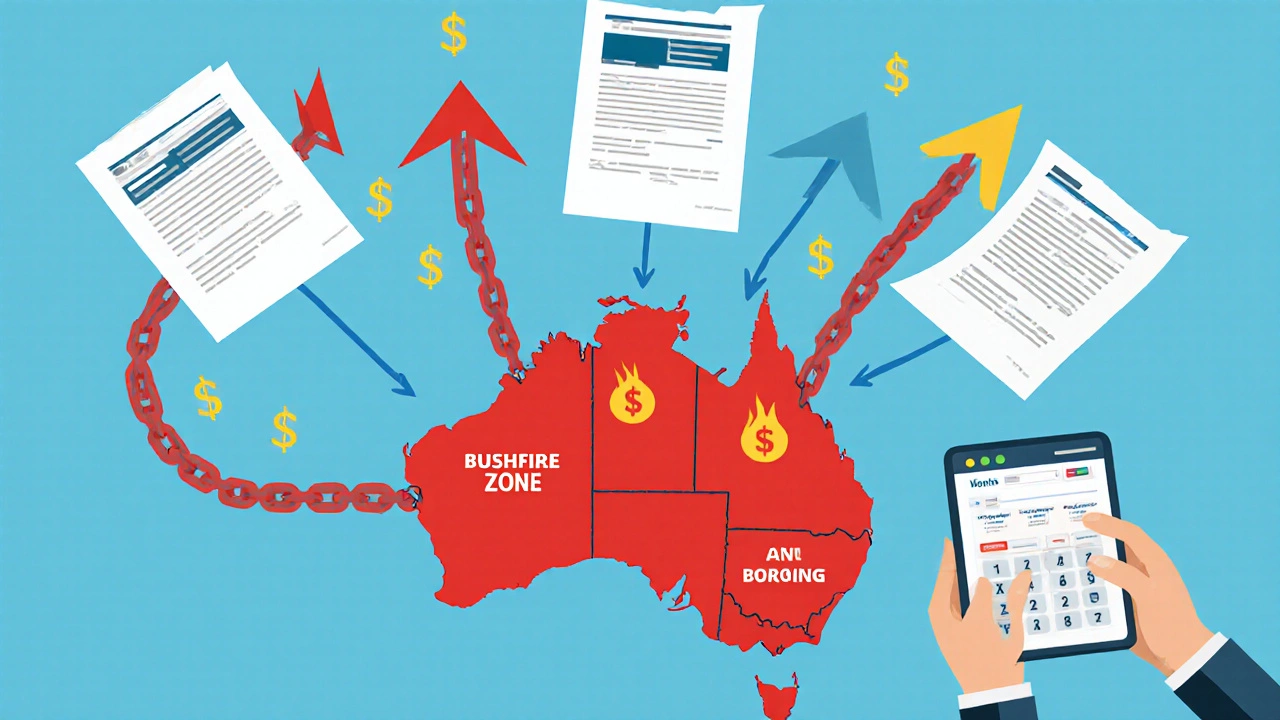 Insurance documents and dollar signs rising over a risk-map of Australia, with a homeowner taking action.
