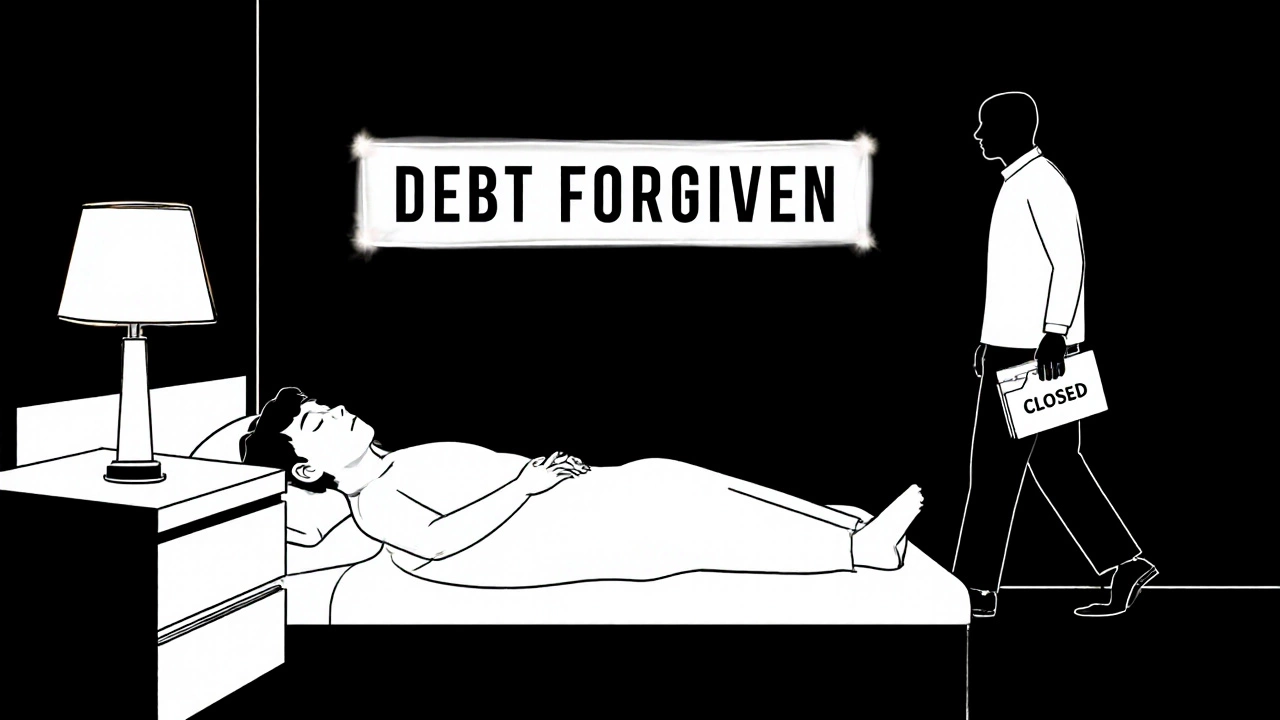 Peaceful scene with debt forgiven after death, ATO figure walking away quietly.